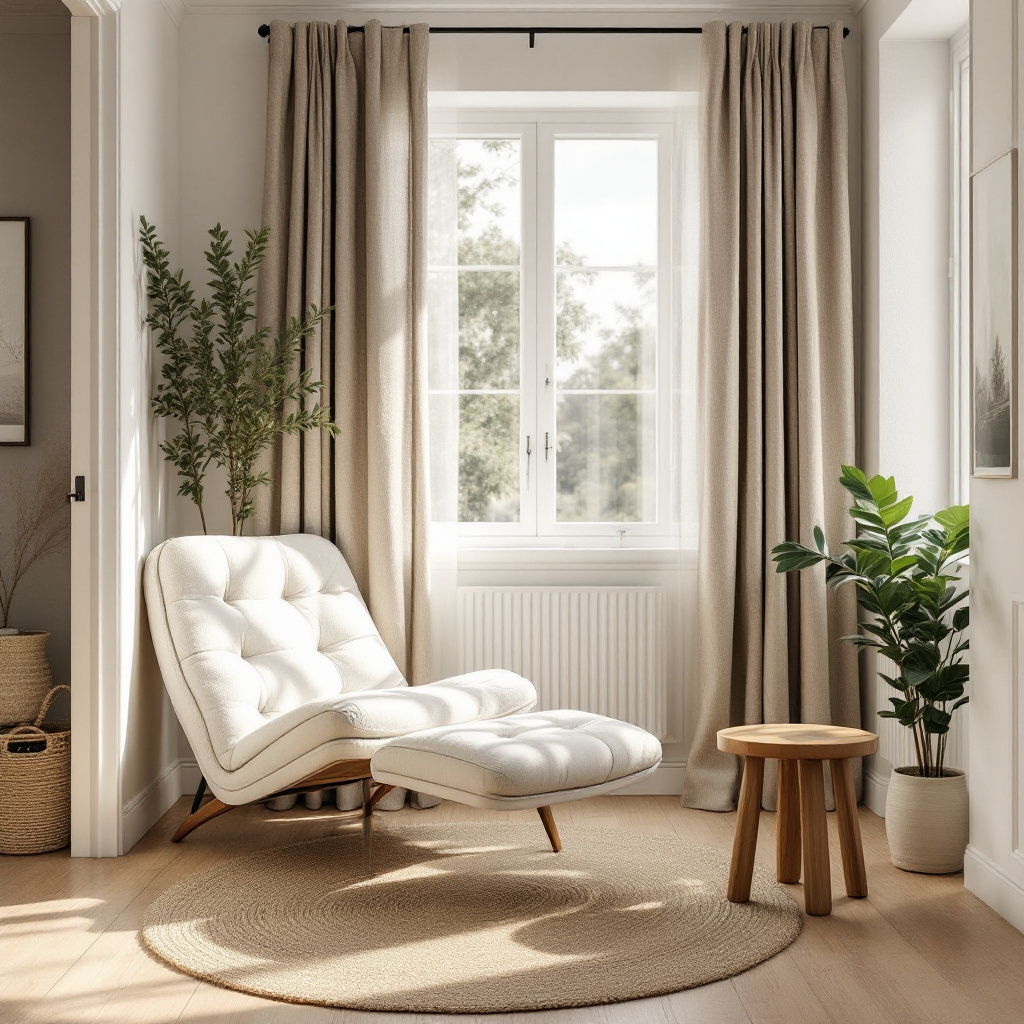 Off-White Bouclé Sessel mit Leinenvorhaengen und Jute-Teppich