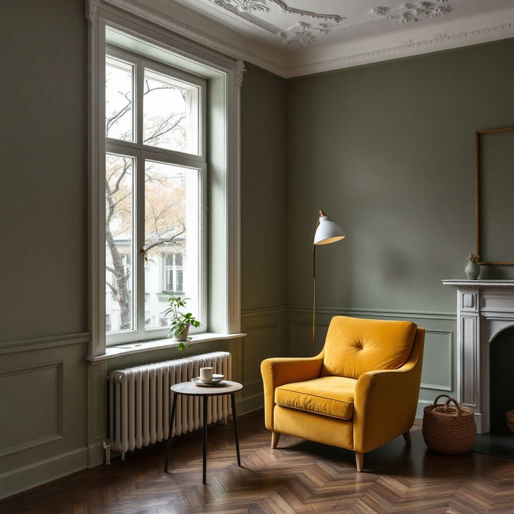 Salbeigruene Wohnzimmerwand im Altbau mit Stuck