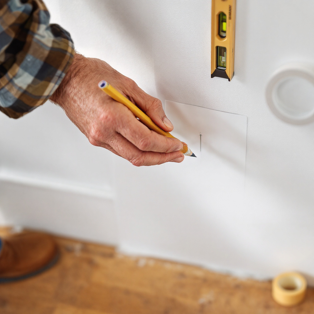 Hand mit Bleistift markiert Naegelpunkt auf Papierschablone an heller Wand, Wasserwaage liegt daneben