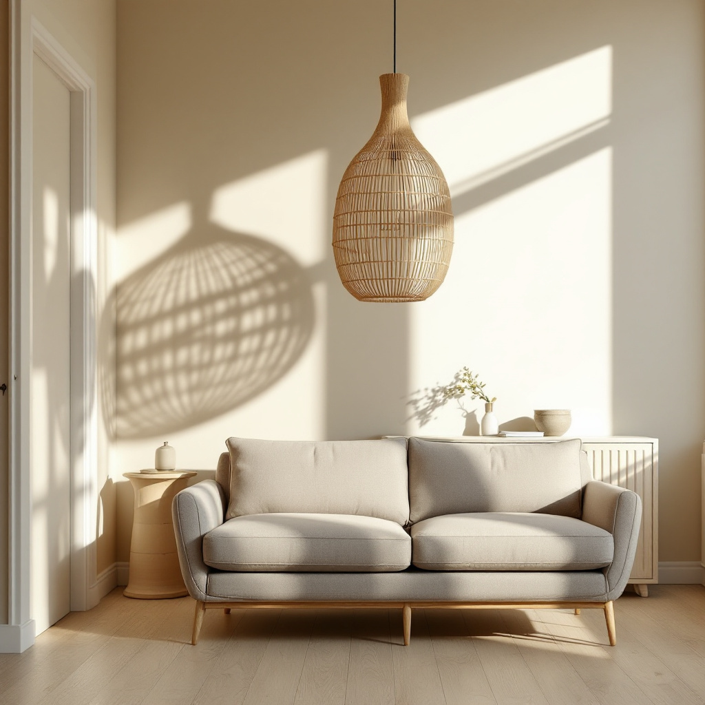Helles Wohnzimmer in Sandtoenen mit Schilfdeckenlampe und Eichenparkett