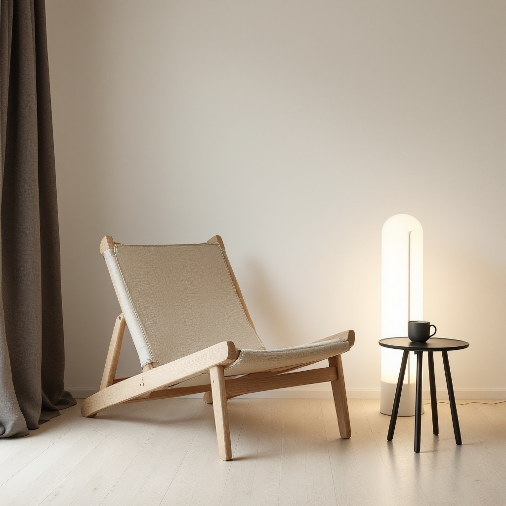 Japandi Leseecke mit niedrigem Holz-Loungechair und Noguchi Akari Stehleuchte aus Reispapier
