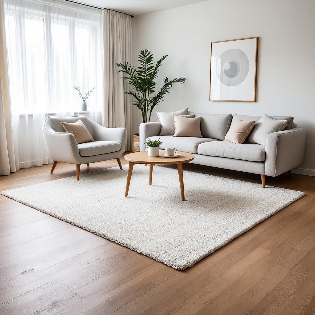 Quadratisches Wohnzimmer mit grossem quadratischem Teppich, Sofa und Sessel