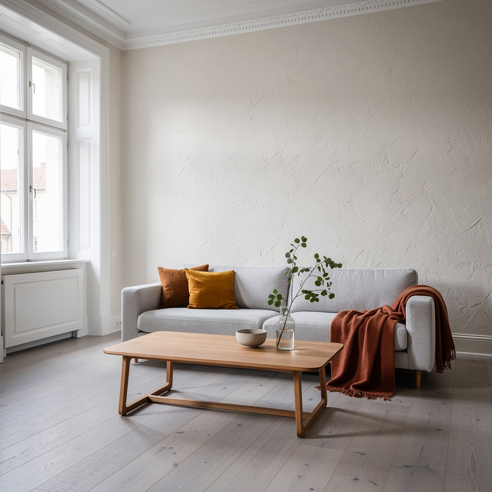 Skandinavisch eingerichtetes Altbauwohnzimmer mit Stuck