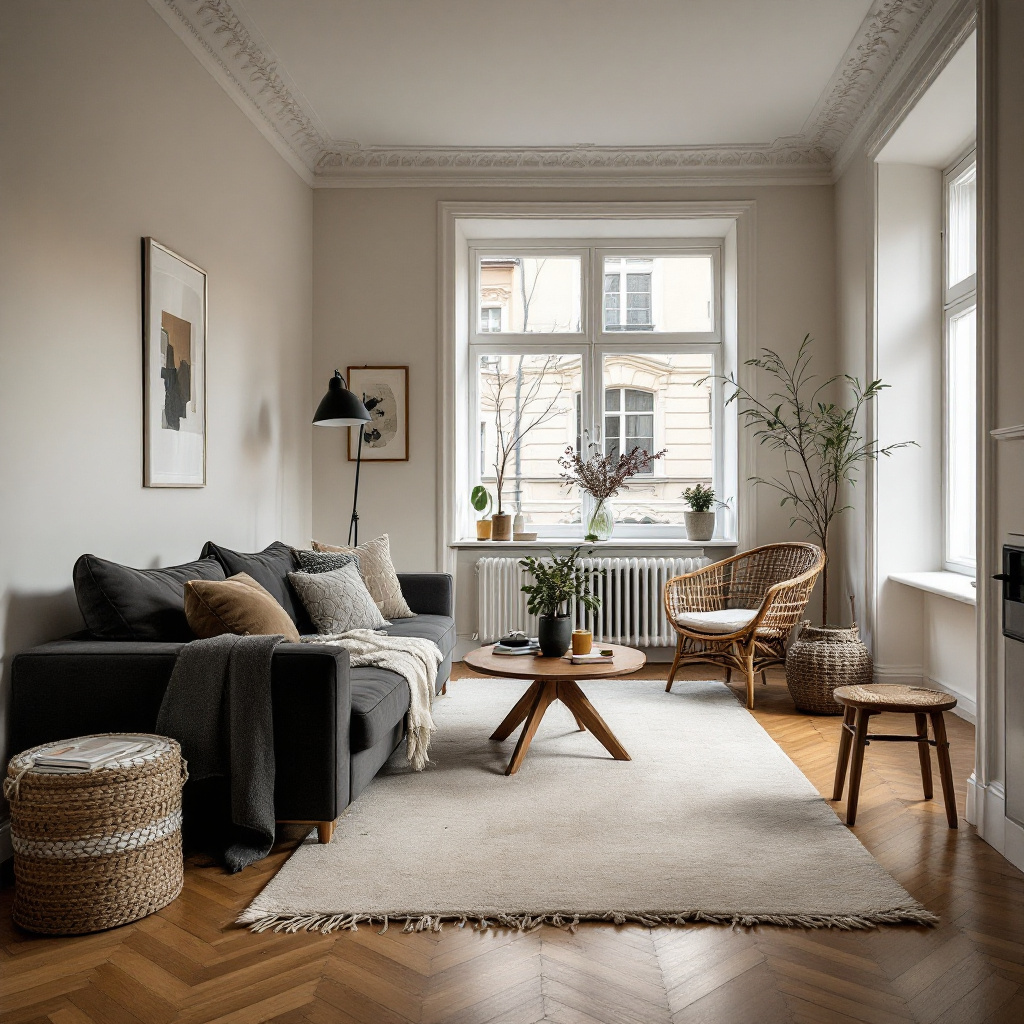 Schmales Altbauwohnzimmer mit langem Sofa und rechteckigem Teppich