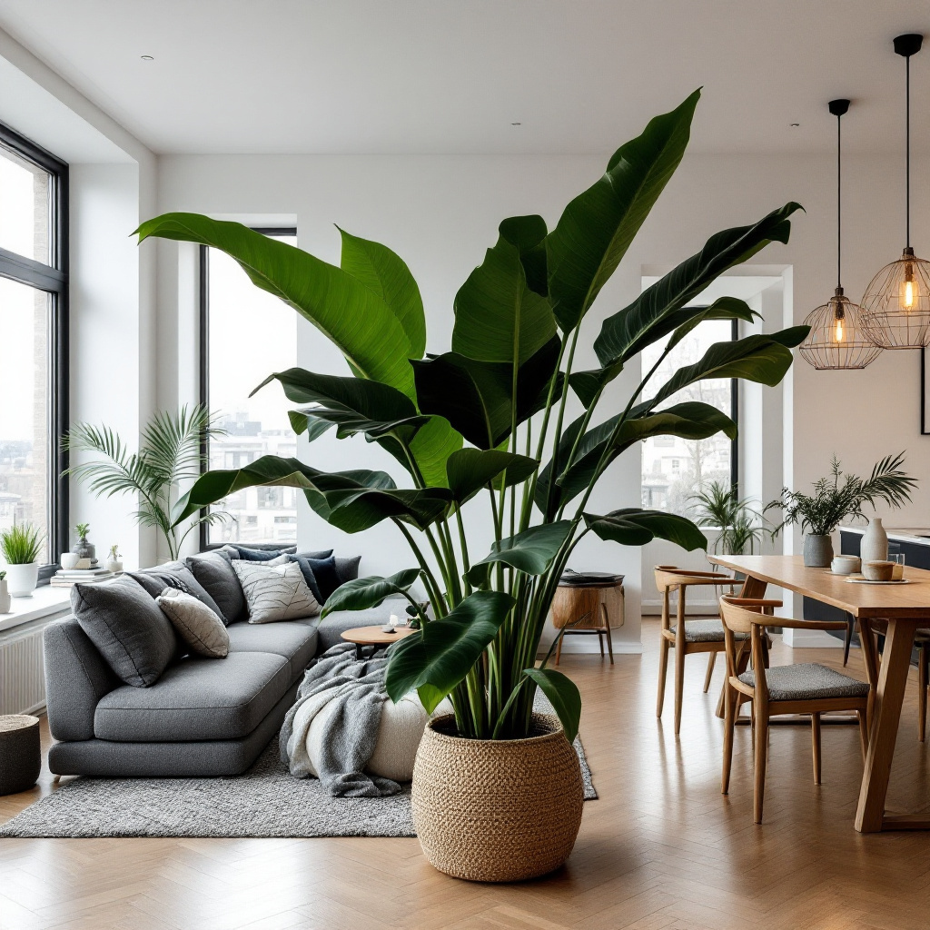 Grosse Strelitzia nicolai als Raumteiler zwischen Sofa und Esstisch