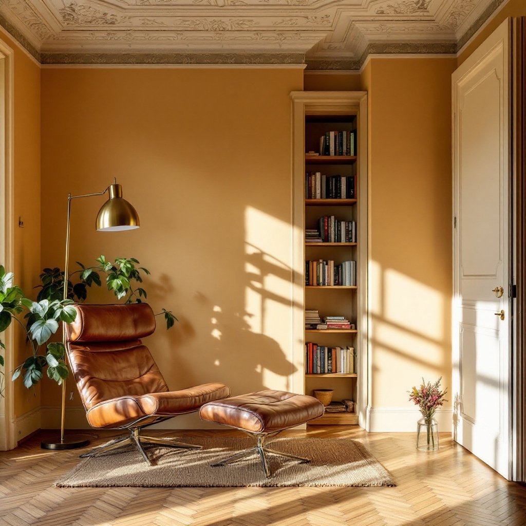 Altbau-Wohnzimmer mit Stuckdecke, Karamellwand und Lederfauteuil in Tabakbraun