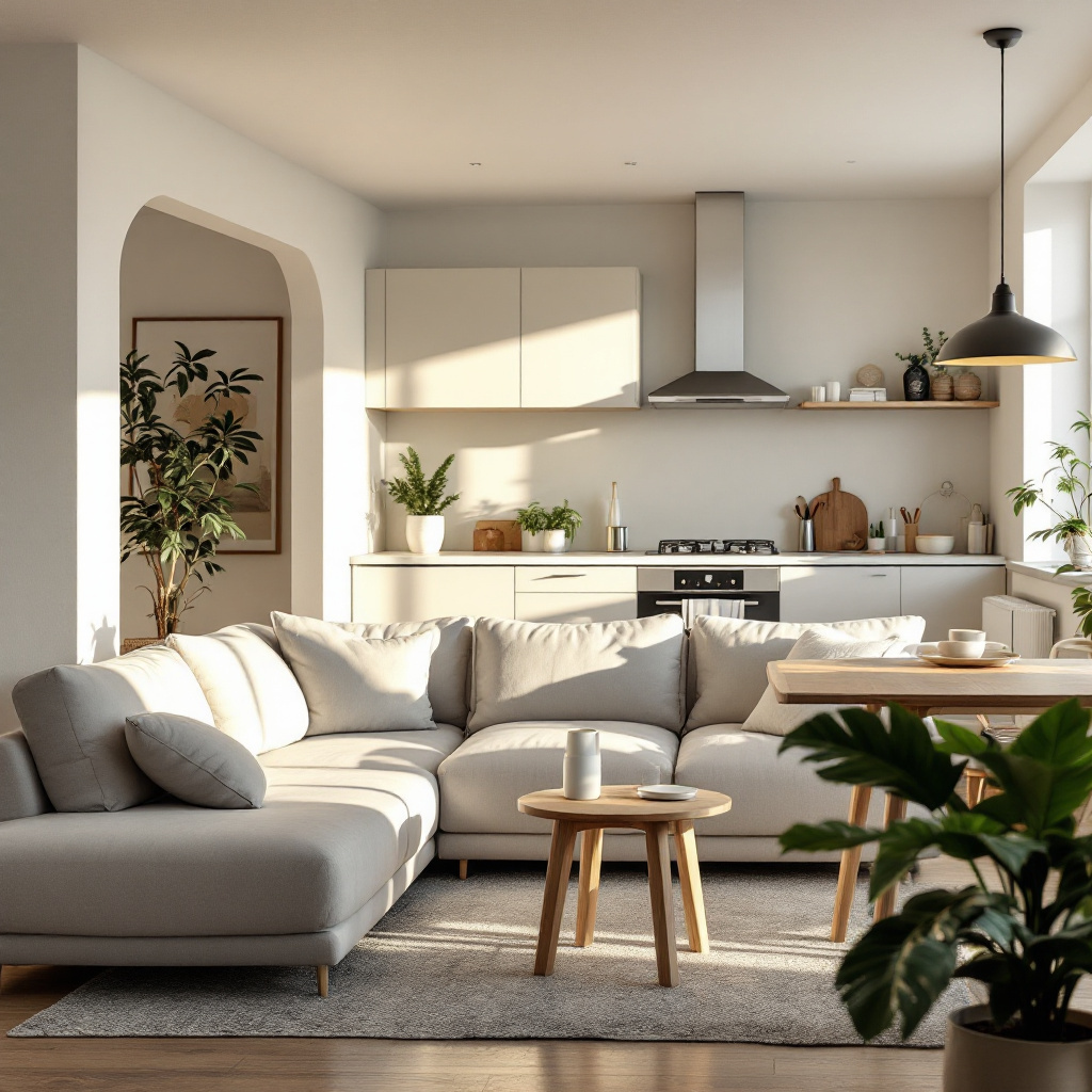 Hellgraues Ecksofa L-Form in kleinem Wohnzimmer, Rücken zur offenen Küche, Abendsonne durch Fenster, Wohnbereich klar abgegrenzt