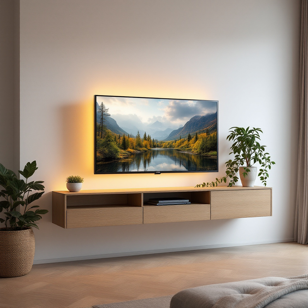Wandmontiertes Eiche-TV-Board 140 cm breit, 40 cm über dem Boden, darunter freier Parkettboden, warme Wandbeleuchtung