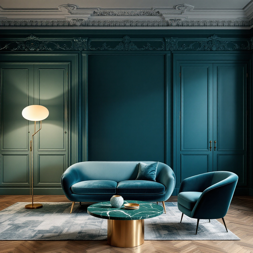 Opulentes Petrol-Wohnzimmer mit Samtsofa und gruener Marmorplatte
