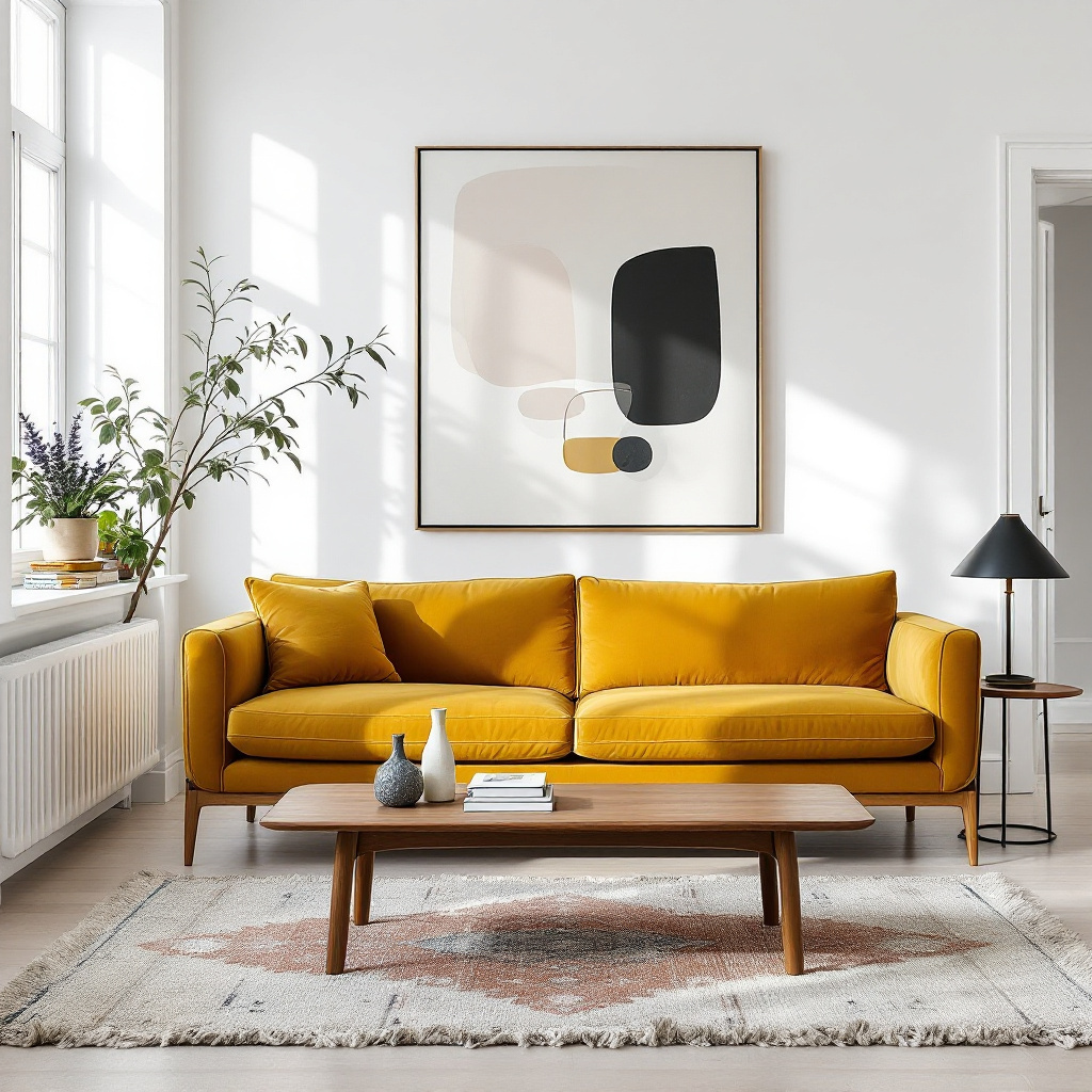 Florence-Knoll-Sofa in Senfgelb vor weißer Wand, Hamburg