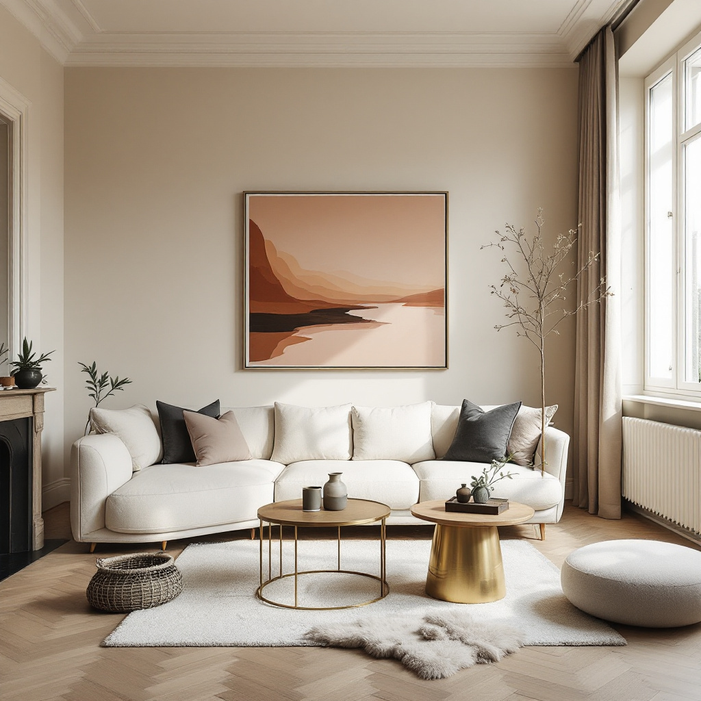 Cremeweisse Wohnzimmerwand mit Pfirsichunterton und Naturholz