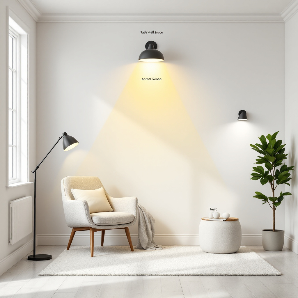 Diagramm der drei Lichtebenen im Wohnzimmer: Grundlicht von der Decke, Akzentlicht durch Wandleuchte, Arbeitslicht durch Stehlampe neben Lesesessel
