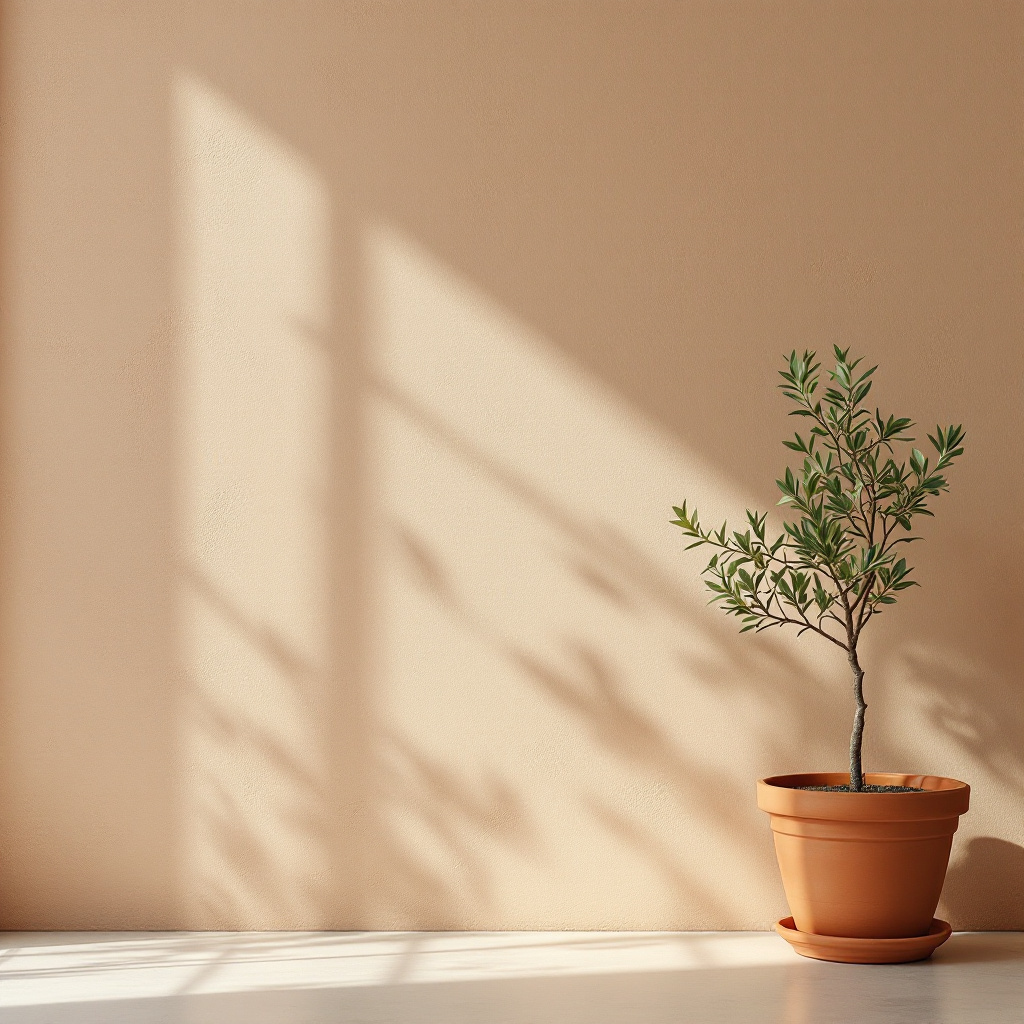 Lehmrosa Kalkputzwand mit Sonnenlicht und Olivenbaum
