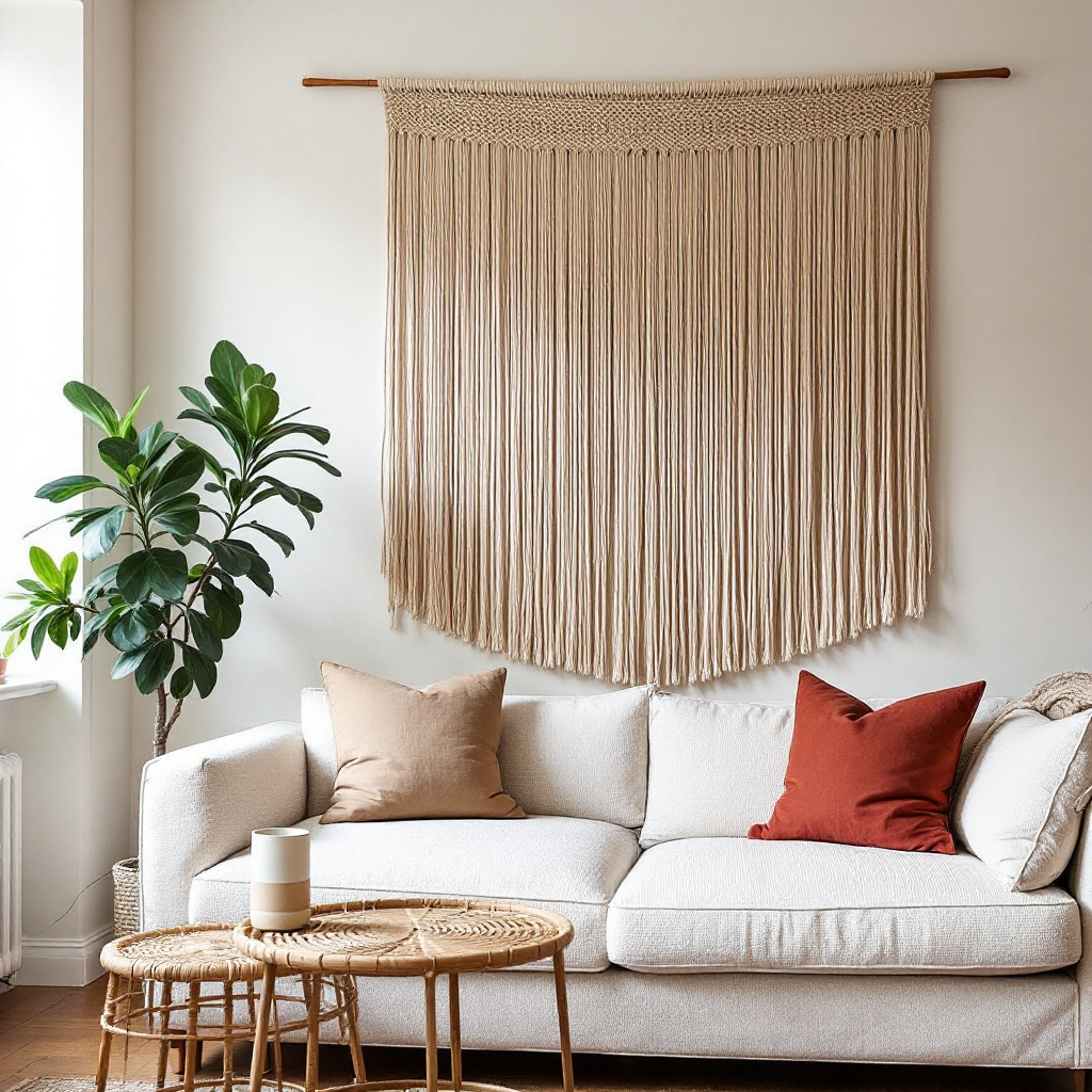 Kleines Wohnzimmer mit grosser Makrameewand hinter einem Boucle-Sofa und Rattan-Beistelltisch