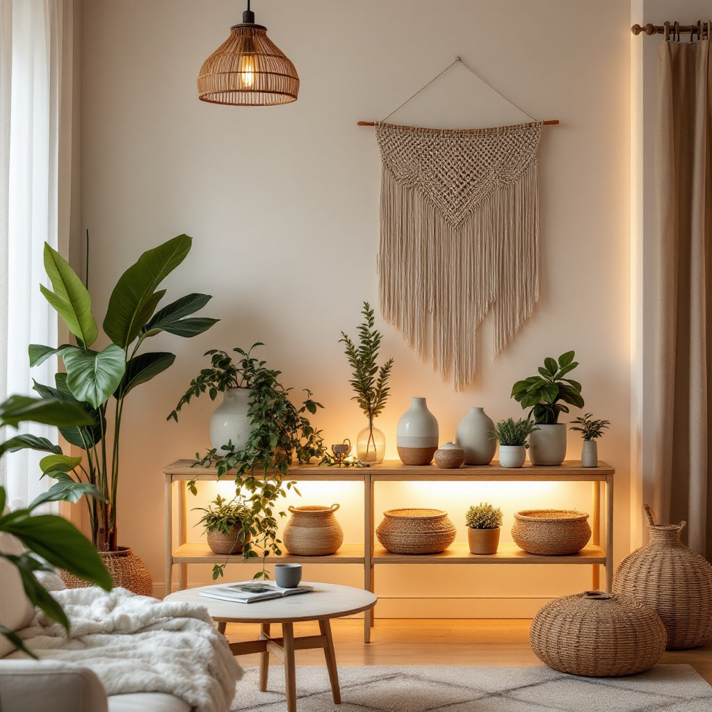 Wohnzimmerecke im Boho-Stil mit warmem indirektem LED-Licht hinter einem Regal, Makramee-Wandbehang und Rattan-Leuchte, abendliche Atmosphäre