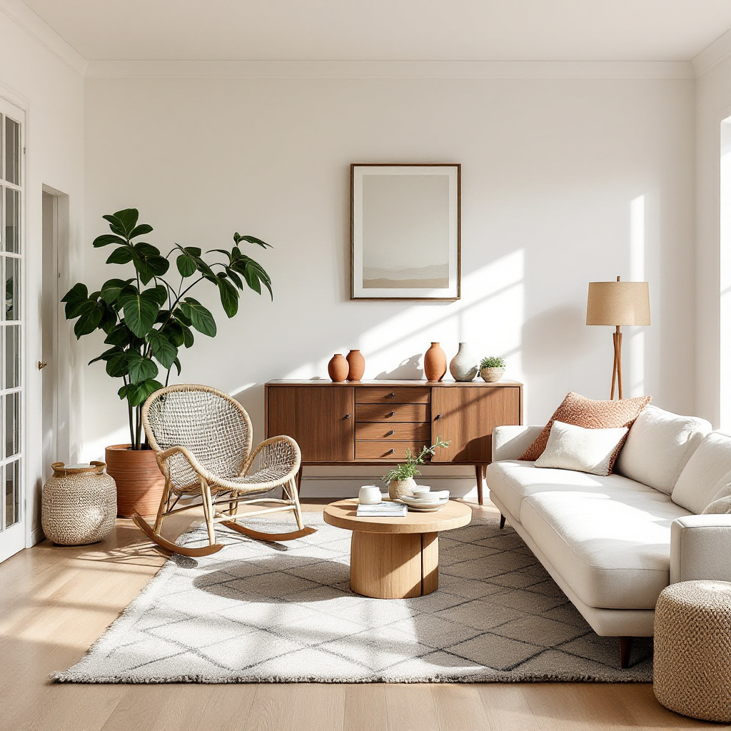 Boho-Skandi Wohnzimmer mit Rattan-Schaukelstuhl und Leinensofa