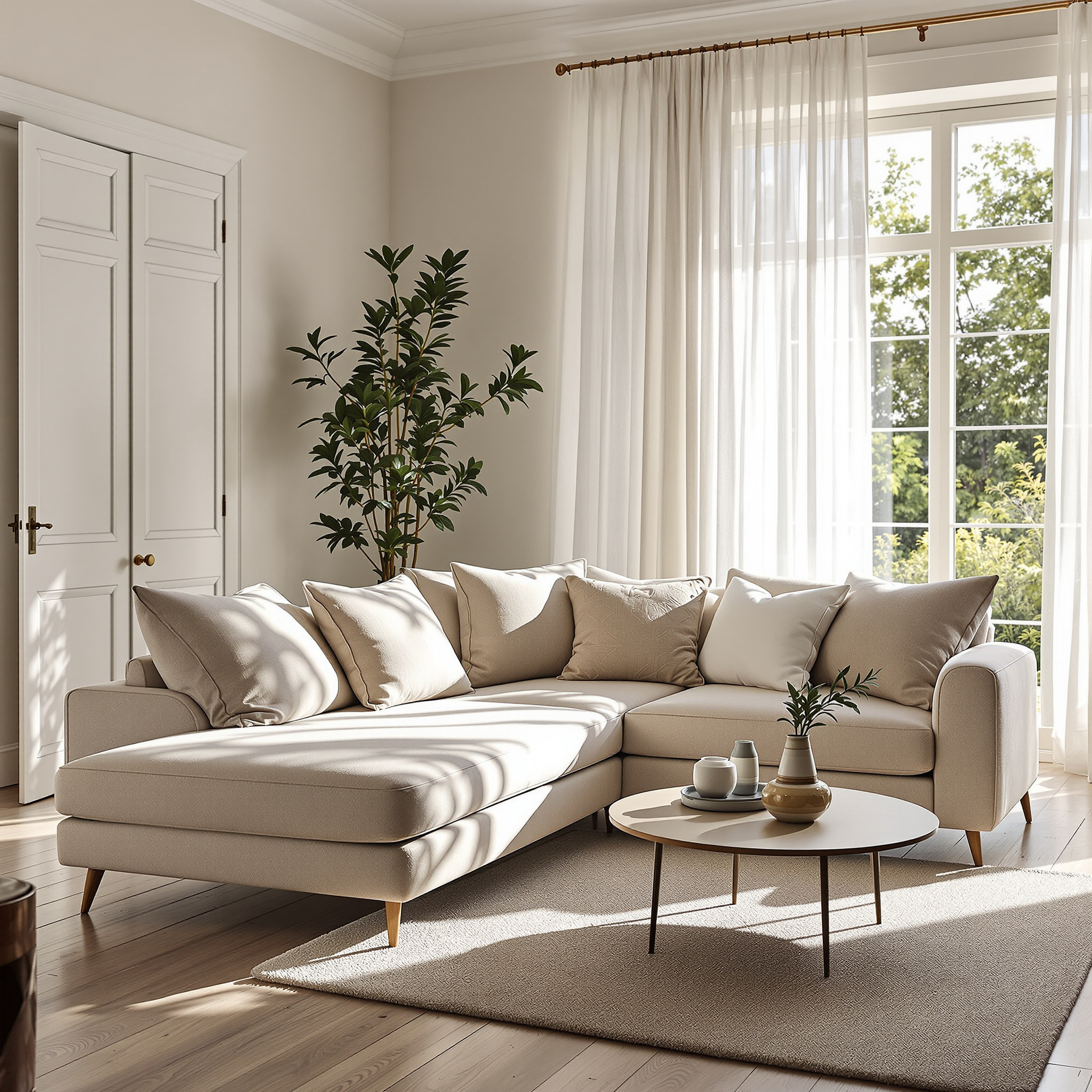 Helles Ecksofa mit kurzer Recamiere in einem Wohnzimmer mit Dielenboden