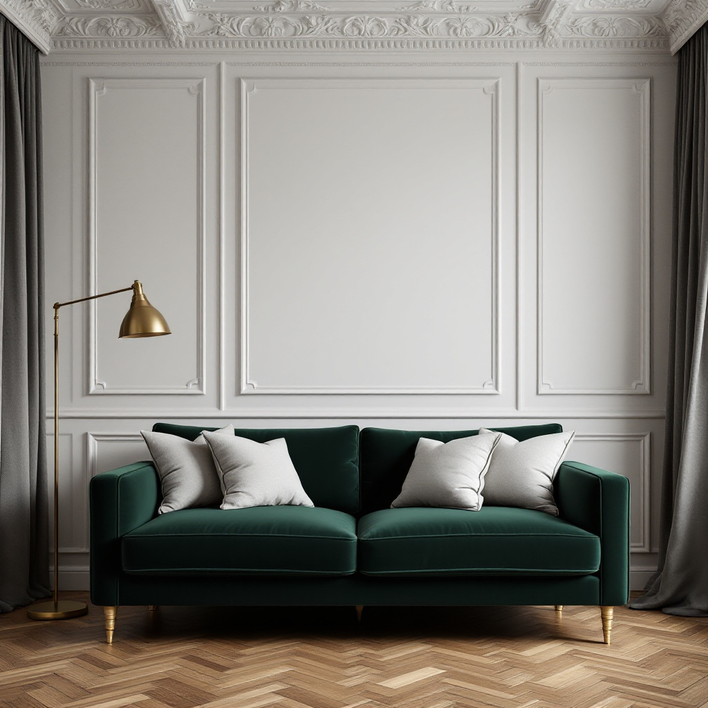 Tiefes dunkelgruenes Sofa unter ornamentaler Stuckdecke