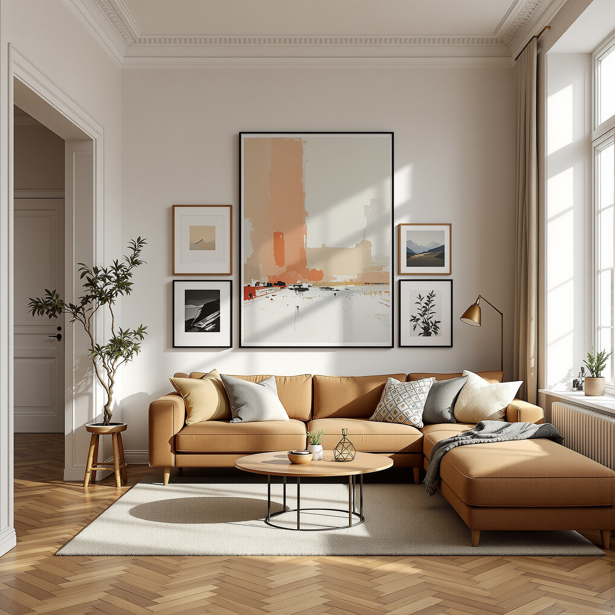 Altbau-Wohnzimmer mit hohen Wänden und großformatiger Galeriewand, ein Ankergemälde flankiert von kleineren Werken, Holzparkett