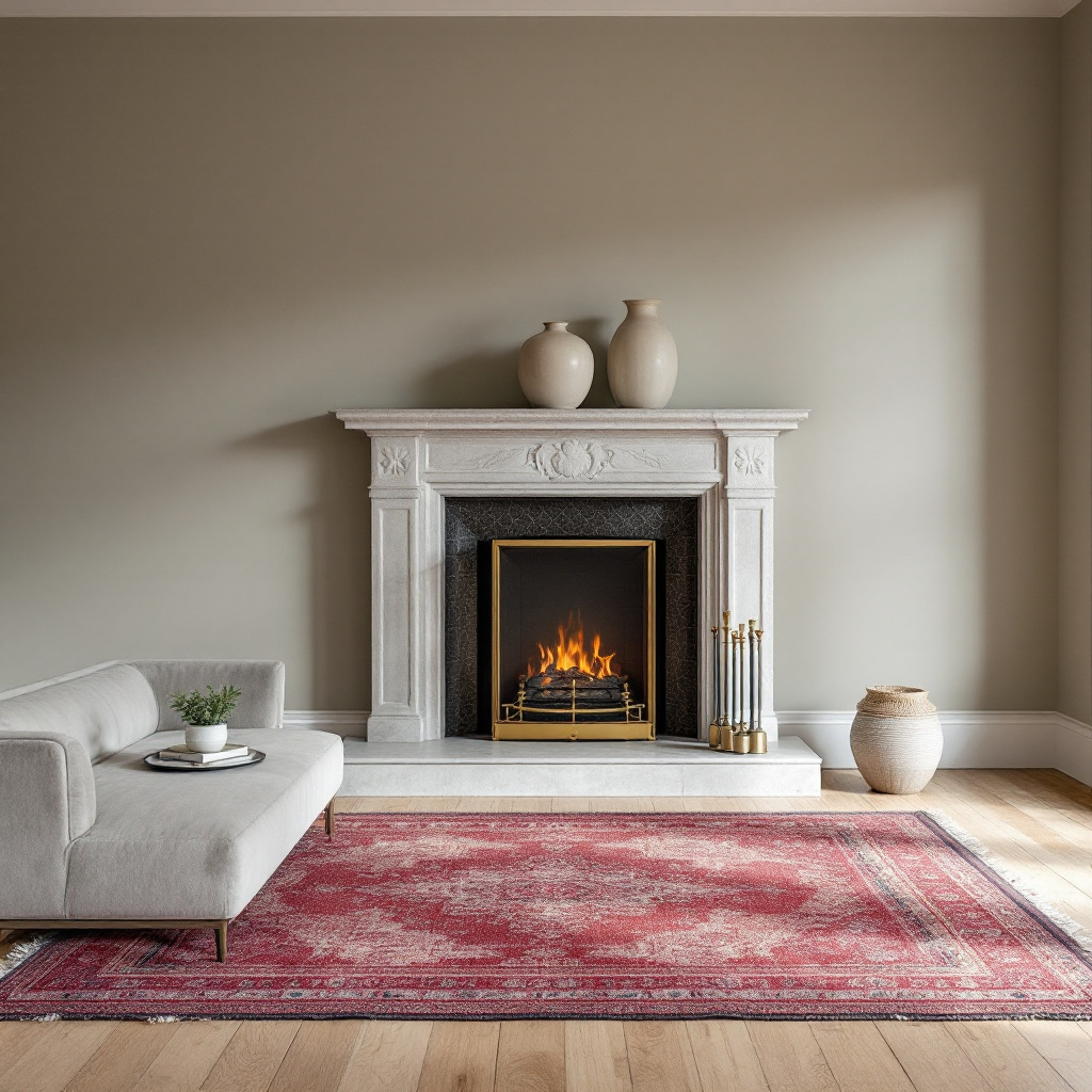 Wohnzimmer mit Kamin und symmetrisch ausgerichtetem Teppich davor