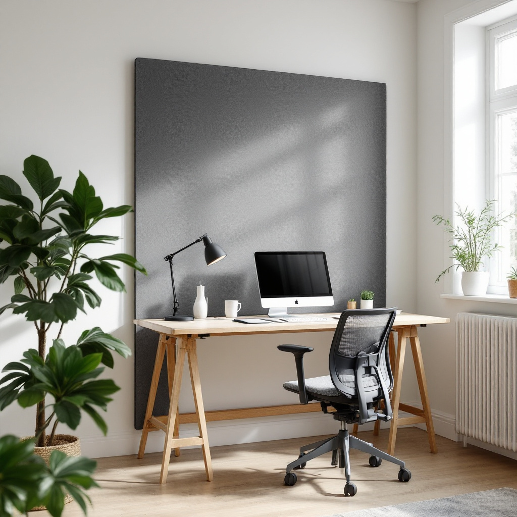 Anthrazitfarbene Akustikstellwand aus Filz vor einem Schreibtisch im Wohnzimmer mit hellem Holzboden