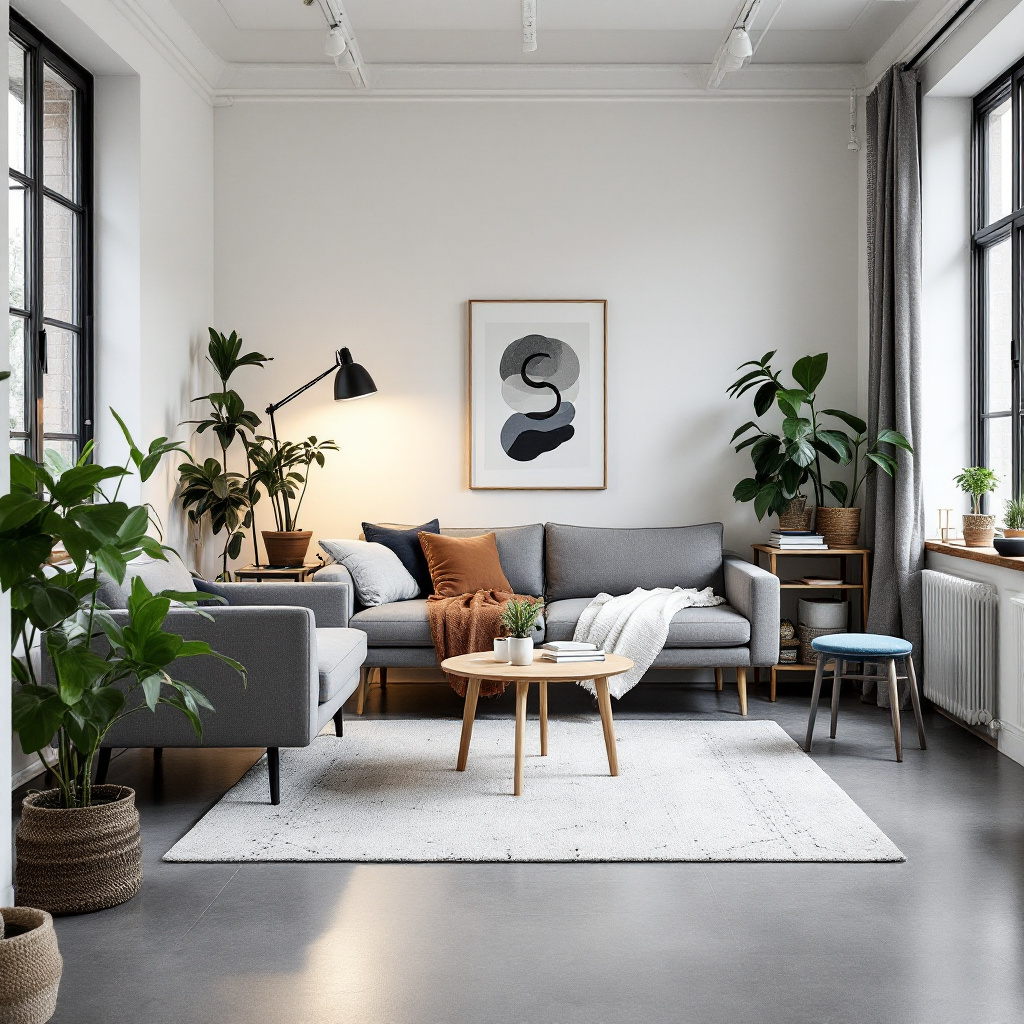 Skandinavisches Studio-Wohnzimmer mit grauem Linoleumboden