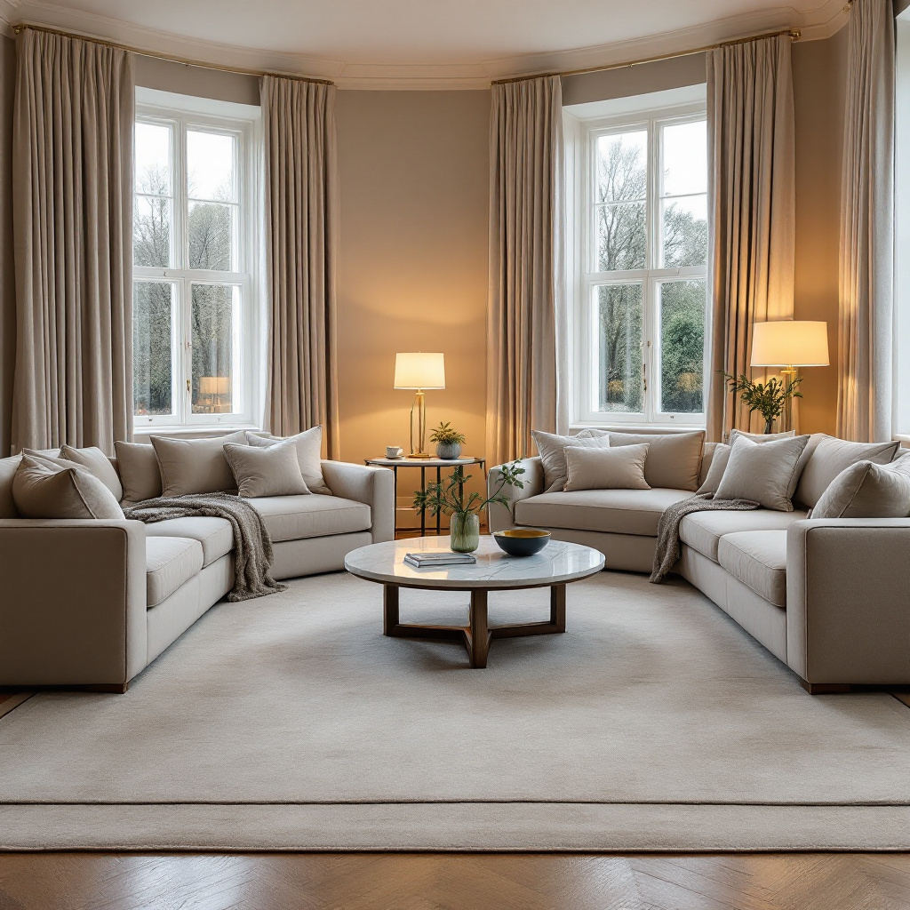 Wohnzimmer mit zwei Sofas gegenueber und grossem verbindenden Teppich