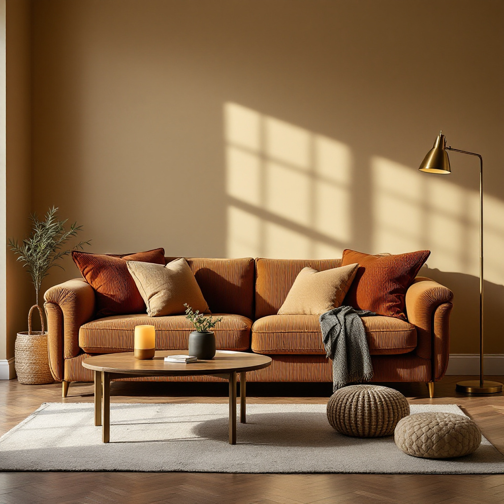 Loft-Wohnzimmer in Karamell mit braunem Cord-Sofa und Messingdetails