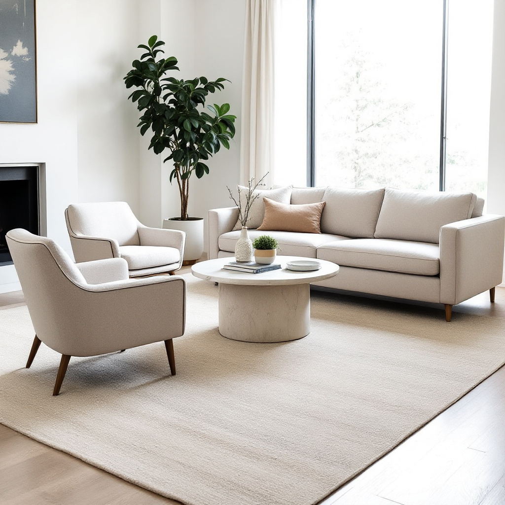 Grosser handgewebter Wollteppich in gedaempftem Beige unter einem niedrigen Sofa und Couchtisch