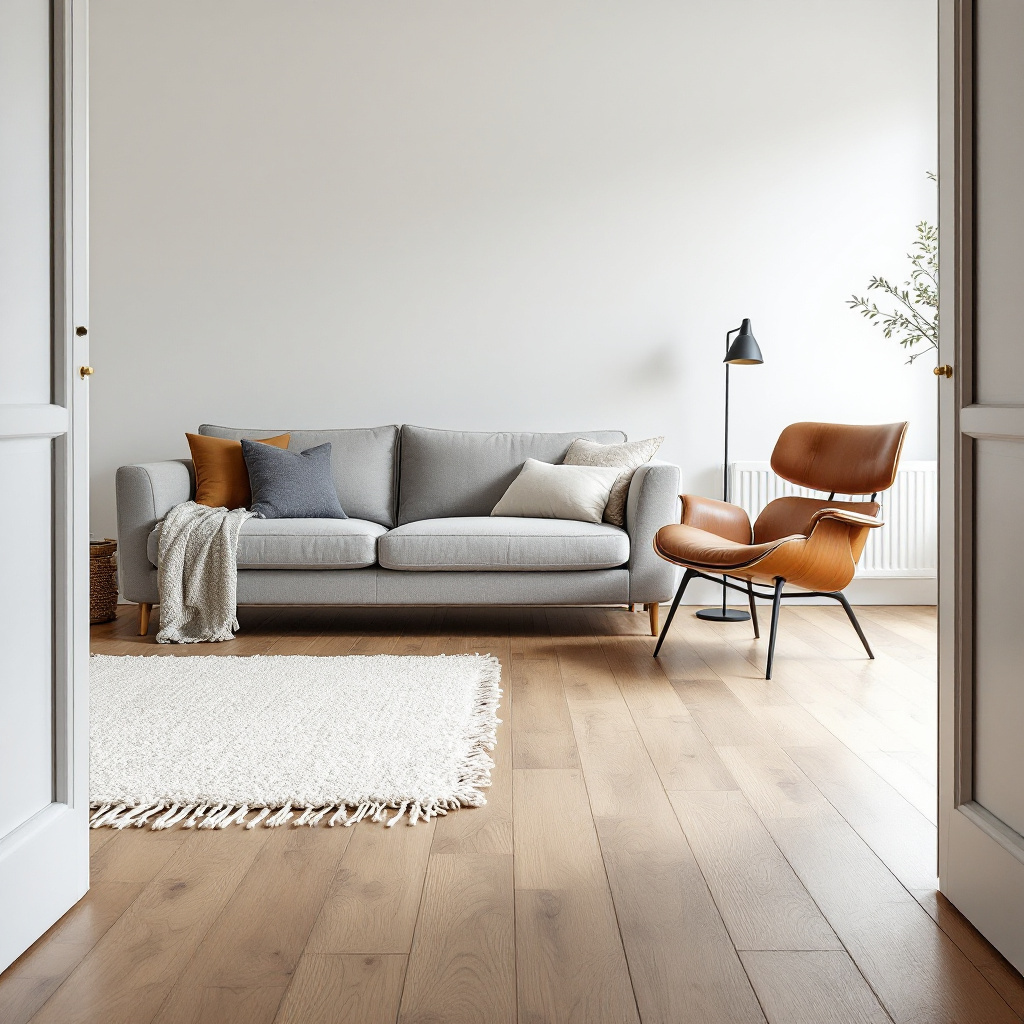 Helles Wohnzimmer mit Eichendielen und grauem Wollsofa