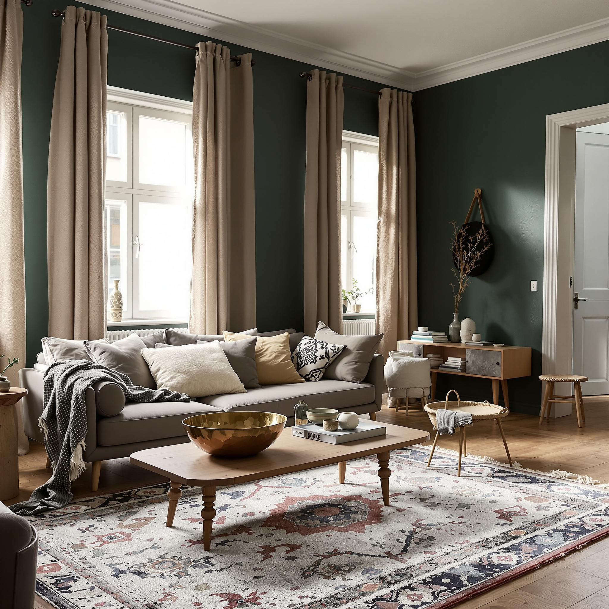Tannengruenes Wohnzimmer mit Beni-Ourain-Teppich und Boho-Akzenten