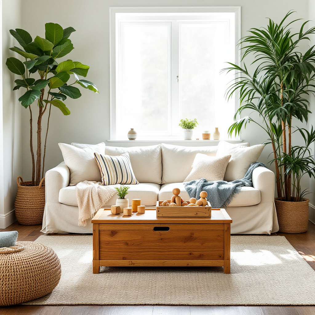 Familien-Boho-Wohnzimmer mit waschbarem Leinensofa, dickem Wollteppich und Kinderspielzeug aus Holz