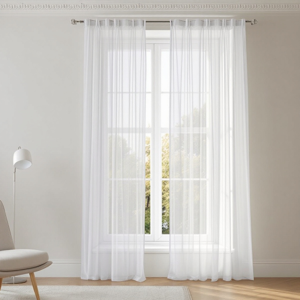 Bodenlange Voile-Vorhaenge in Naturweiss vor einem hohen Altbaufenster