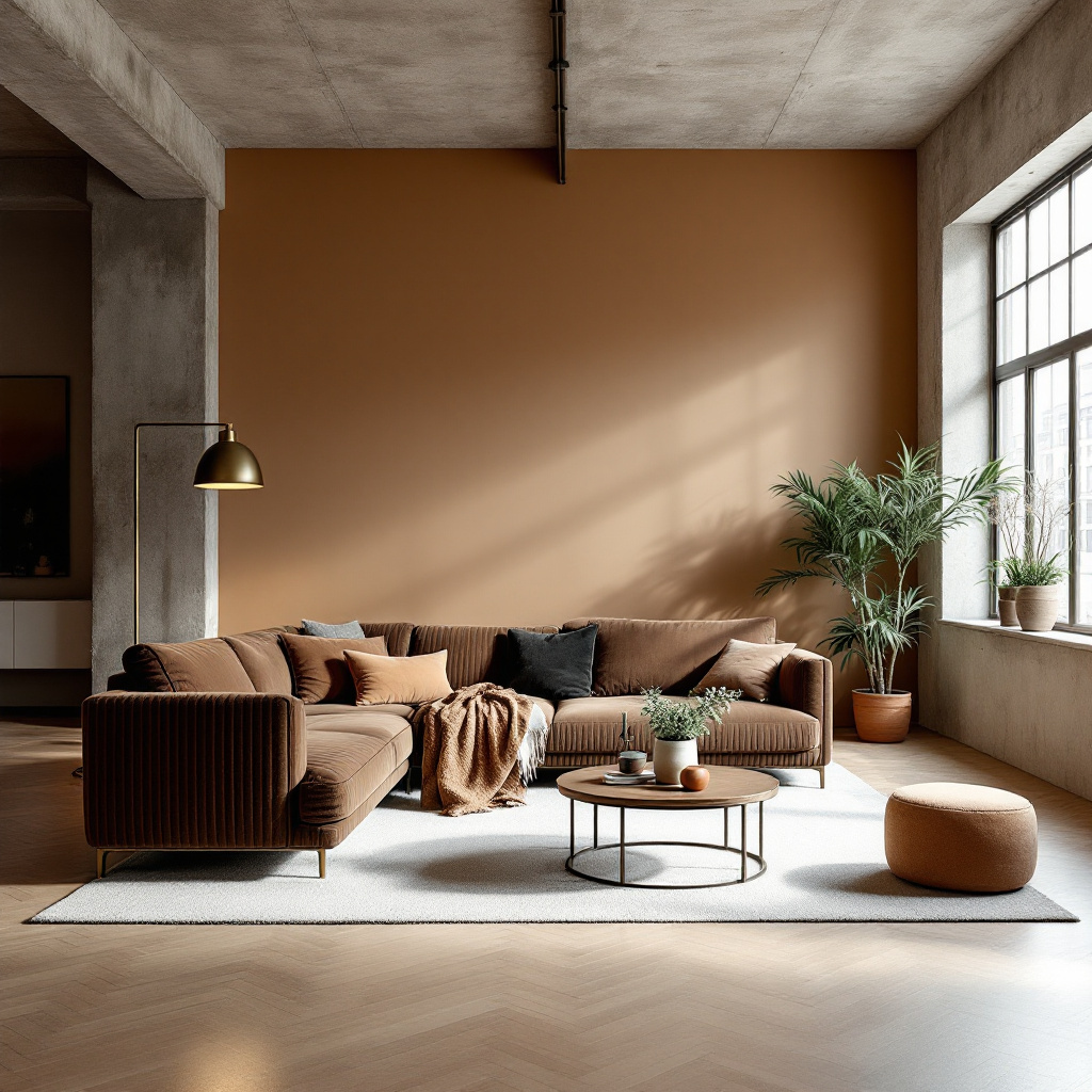 Lehmbeige Wohnzimmerwand mit Sichtbeton und Cordmoebel