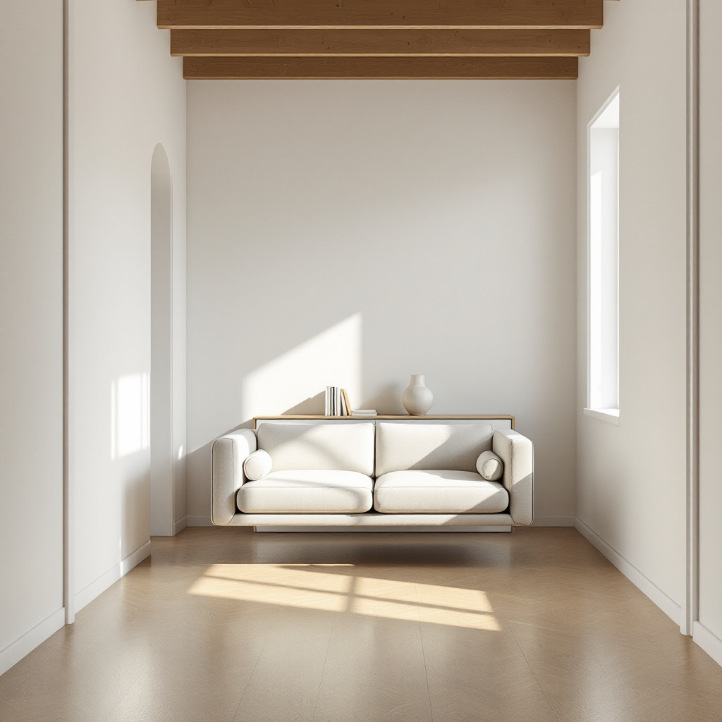 Frei stehendes Sofa in der Mitte eines kleinen Wohnzimmers mit Konsole dahinter