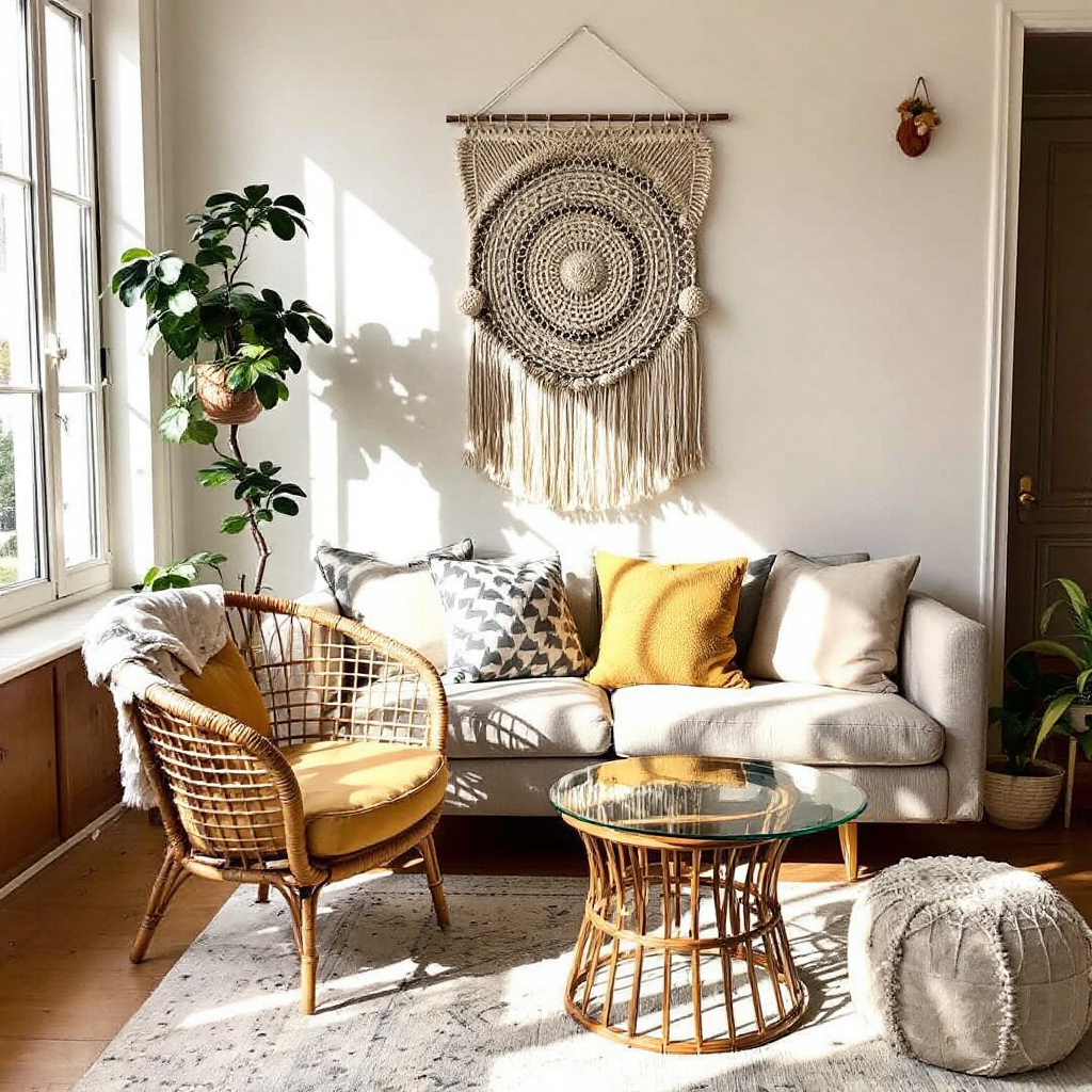 Vintage-Boho-Wohnzimmer mit Rattanmoebeln aus den 70er Jahren, Macramee und gemusterten Leinenkissen
