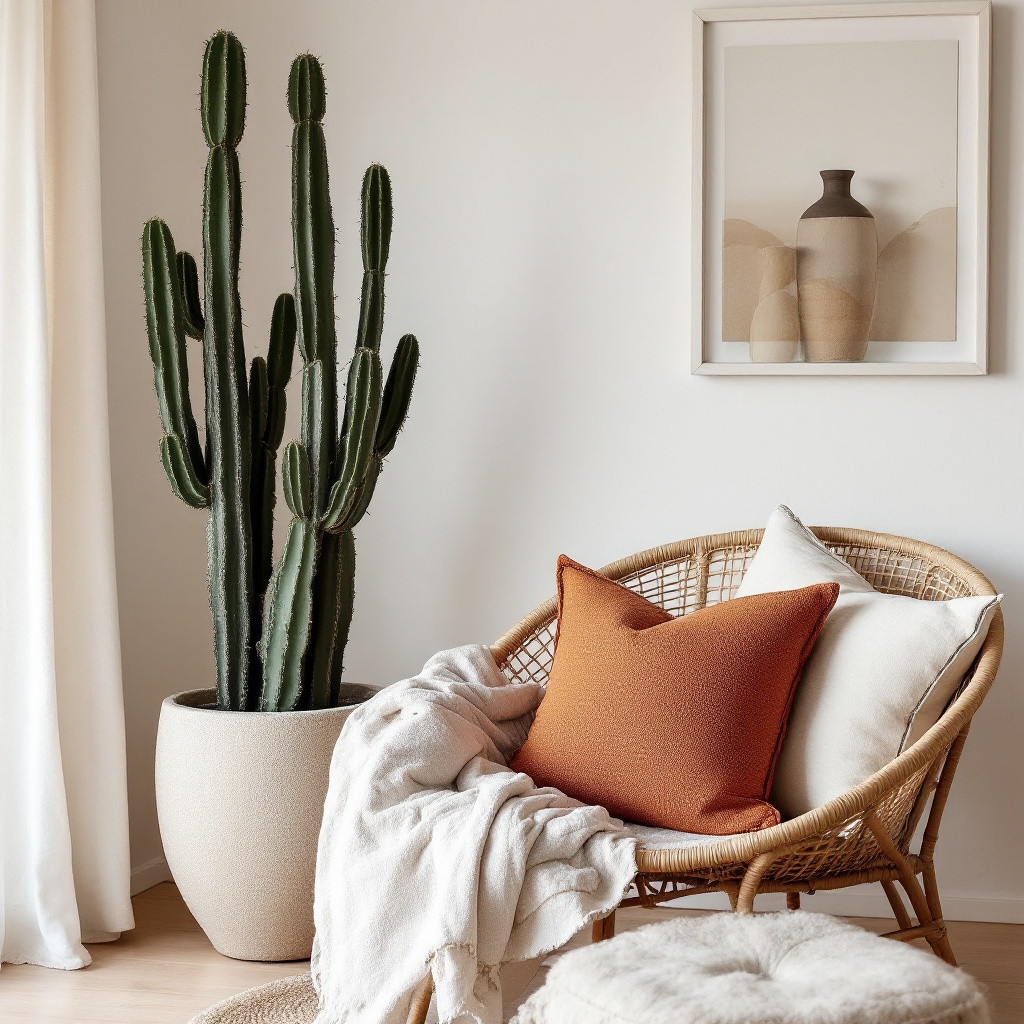 Wohnzimmer im Wuestenstil mit Sandtoenen, Kakteen, gewebten Leinenkissen und Rattanstuhl