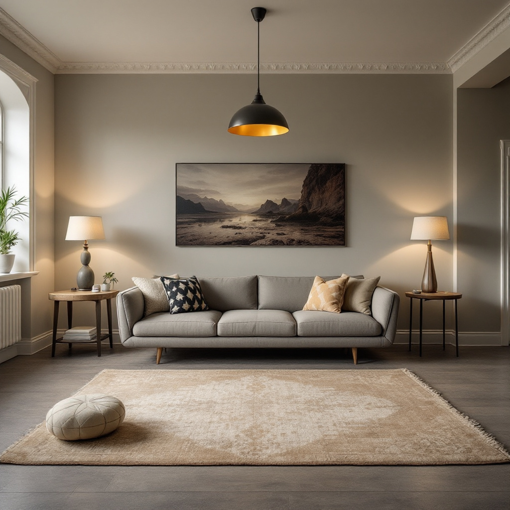Wohnzimmer mit zu kleinem Teppich und zentral haengender Deckenleuchte als Negativbeispiel