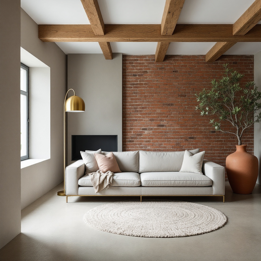 Niederrheinhof mit Sichtestrich, Backsteinwand und Cassina-Sofa