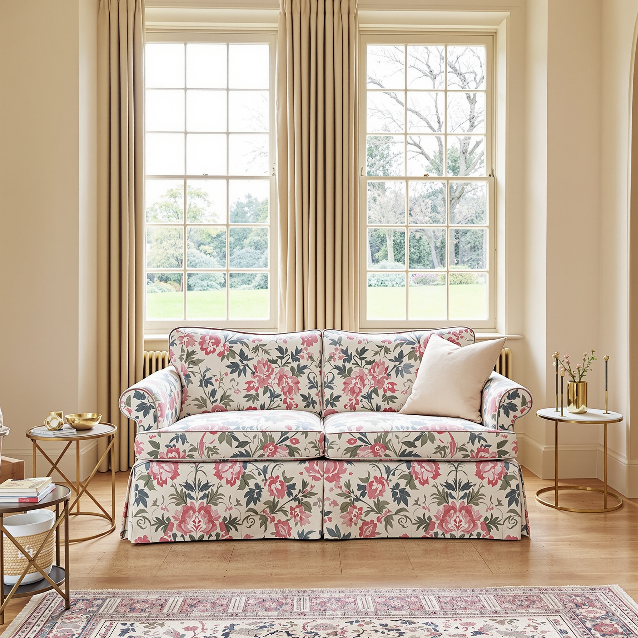 Uckermark-Cottage mit Chintz-Sofa und Messing-Beistelltisch