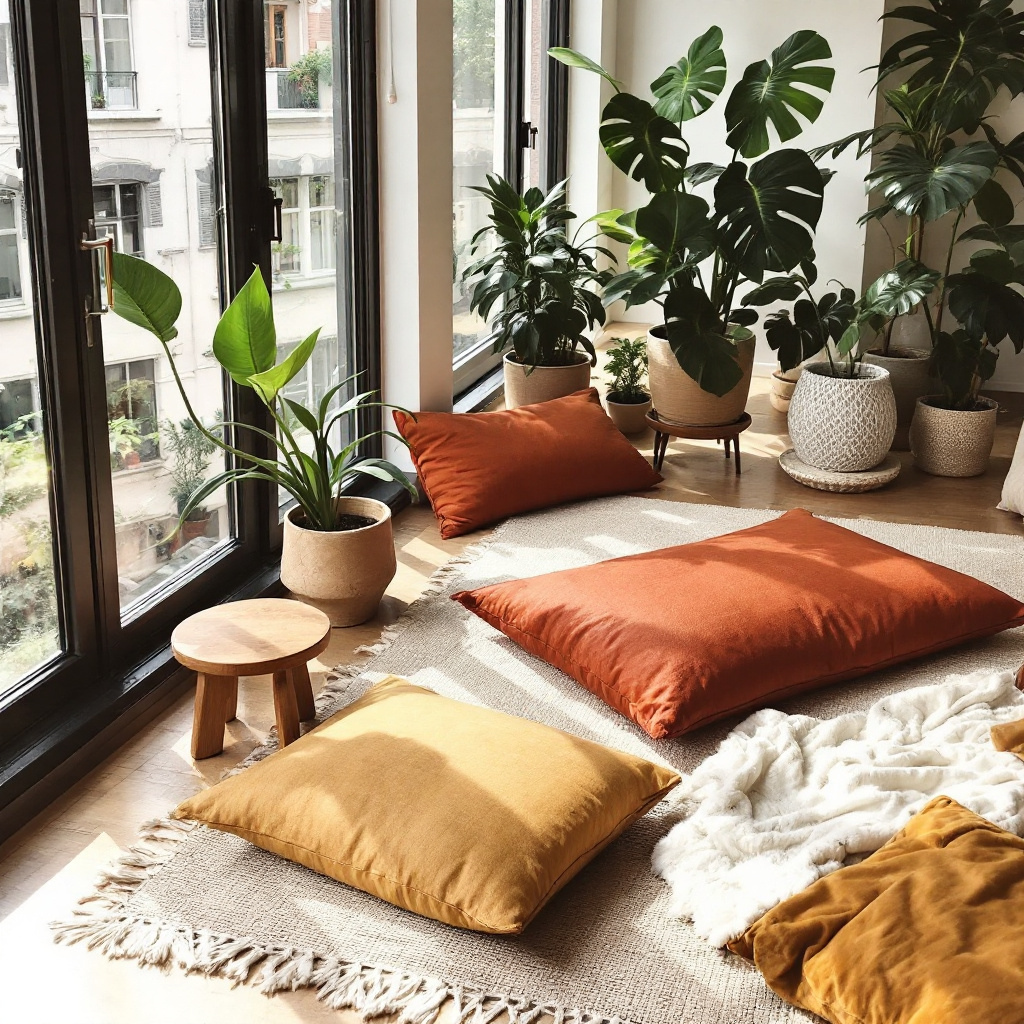 Boho-Sitzecke mit Tatami und marokkanischen Bodenkissen am bodentiefen Fenster