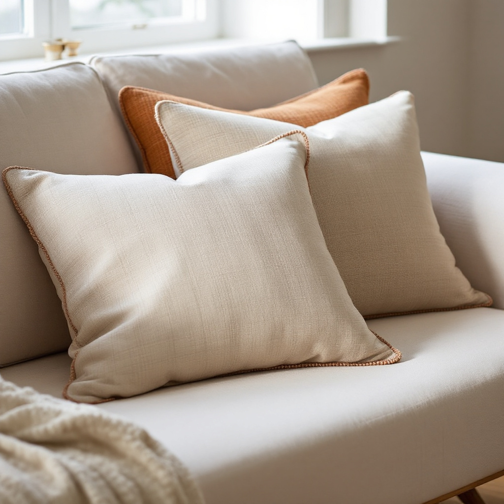 Drei Boho-Kissen in Sand Creme und Terrakotta auf Leinensofa