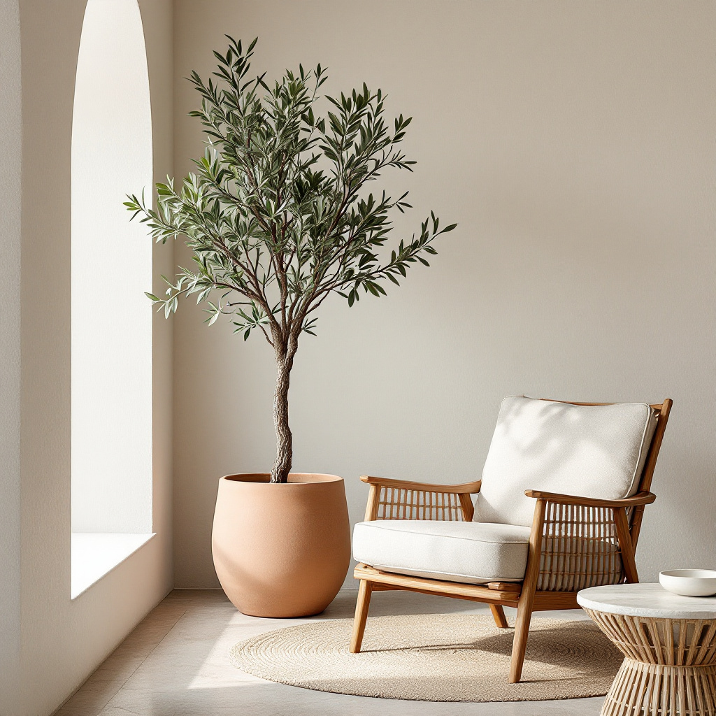 Mediterran inspiriertes Boho-Wohnzimmer mit grossem Olivenbaum im Tonkuebel und Boucle-Sessel