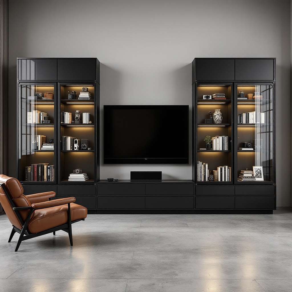 Stahlrahmen-Vitrinen schwarz matt mit Glasturen rund um Fernseher