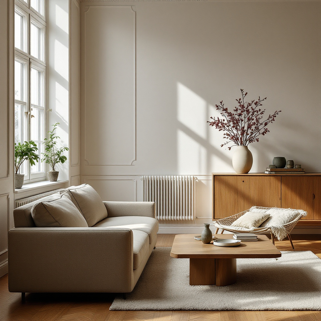 Berliner Altbau Wohnzimmer in Reispapier-Beige mit Eichendielen