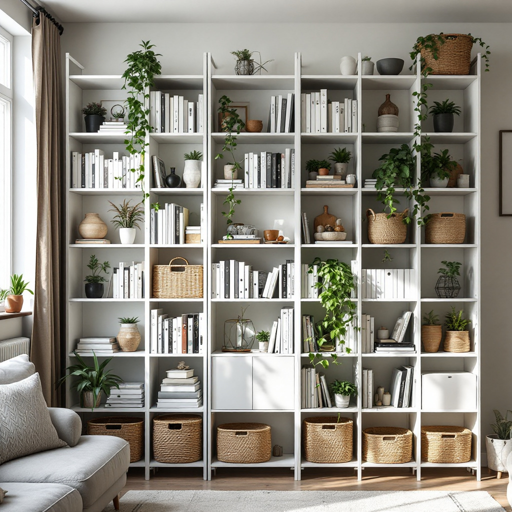 Deckenhohe weiße Billy-Regal-Kombination mit Aufsätzen, IKEA-Wohnzimmer, Bücher und Pflanzen auf verschiedenen Ebenen, Tageslicht