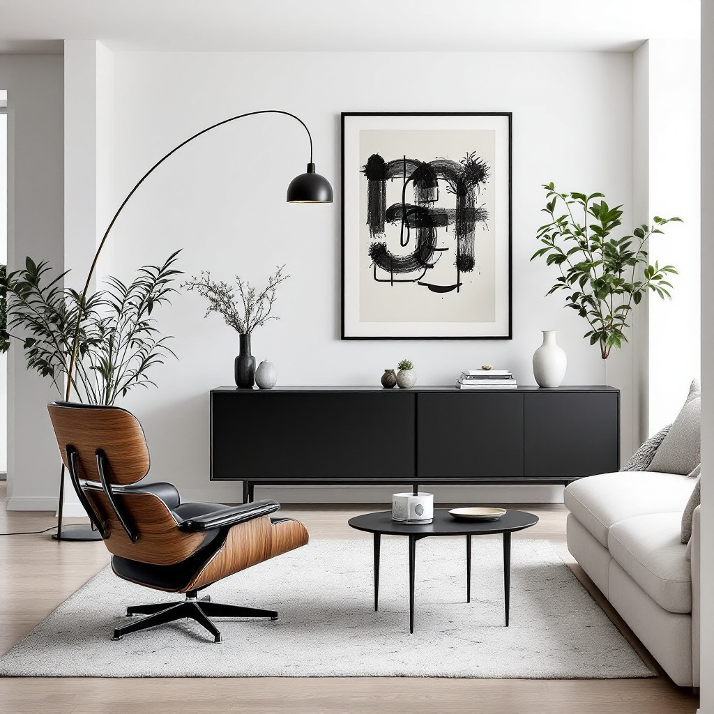 Helles Skandi-Wohnzimmer mit schwarzem Vipp Sideboard