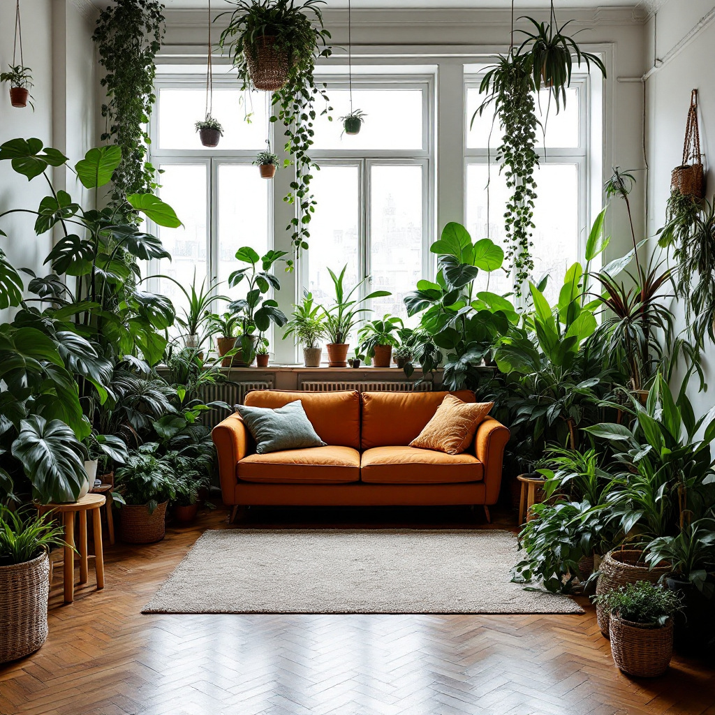 Ueppiger Urban Jungle Wohnzimmer mit dichter Pflanzenwand und Sofa