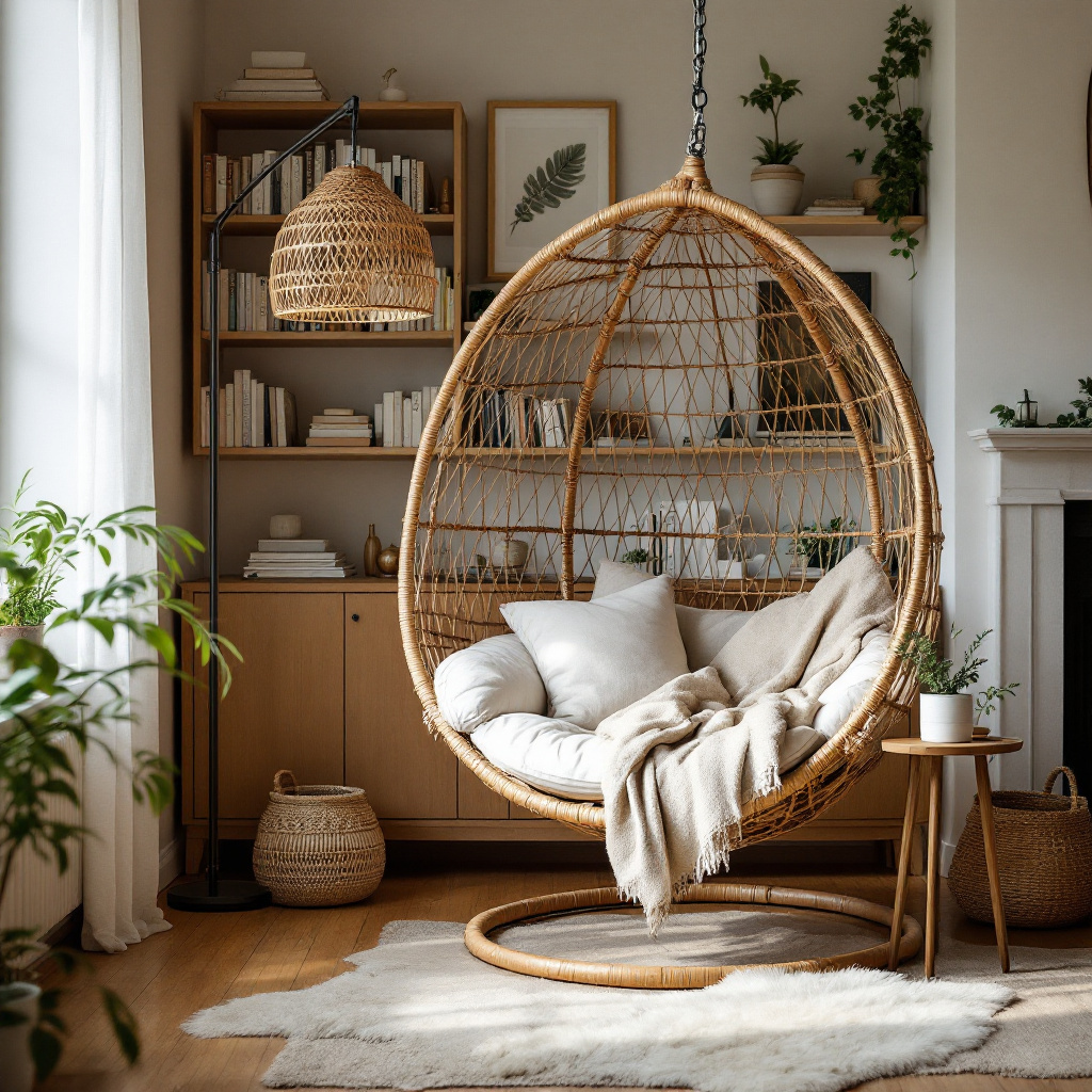 Boho-Leseecke mit Haengesessel aus Rattan, Buecherwand und Leinen-Plaid