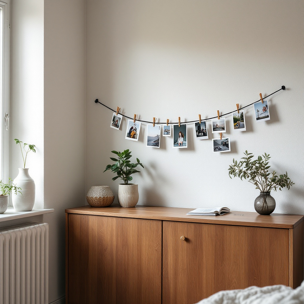 Mehrere kleine gerahmte Drucke und Postkarten haengen mit Holzklammern an einer horizontalen Schnur ueber einem Sideboard